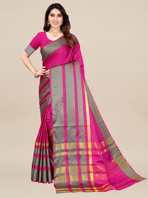 

KALINI Pink & Gold-Toned Solid Taant Art Silk Saree