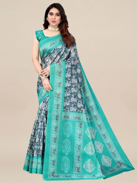 

KALINI Grey & Blue Floral Printed Ikat Art Silk Saree