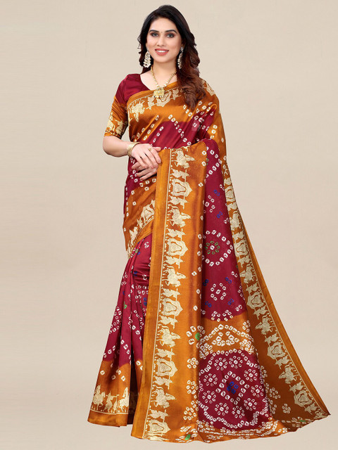 

KALINI Maroon & Orange Bandhani Art Silk Bandhani Saree