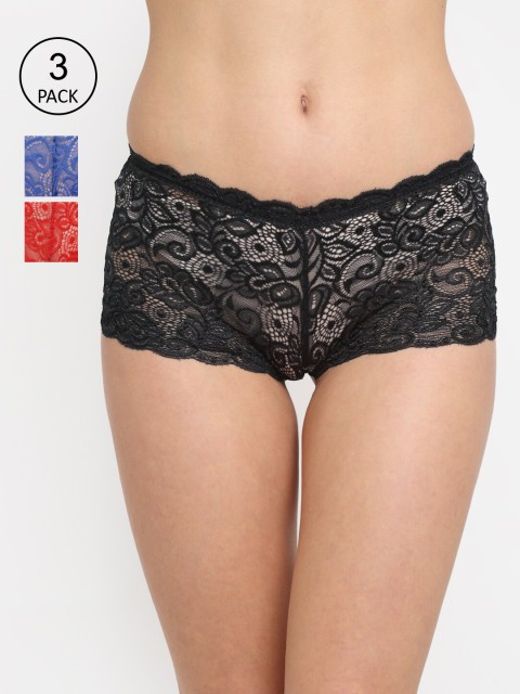 

Friskers Women Pack of 3 Self Design Mid-Rise Lace Boy Shorts, Black