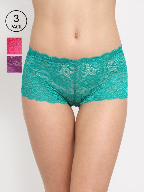 

Friskers Women Set of 3 Self Design Cotton Lace Boy Shorts O-330-07-16-36, Sea green