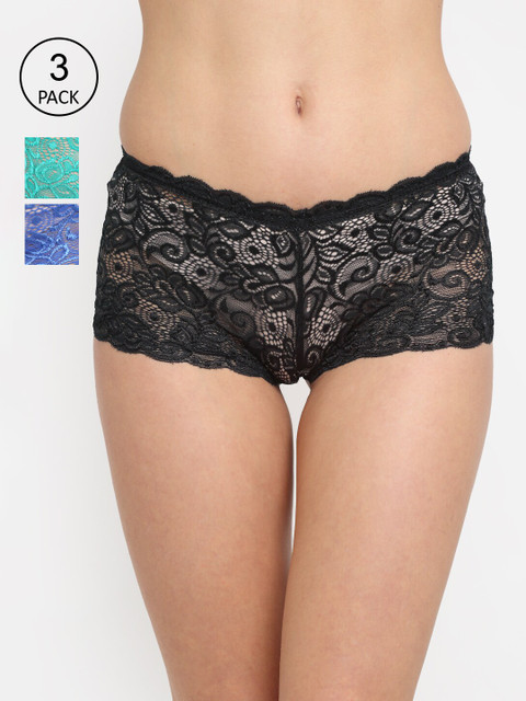 

Friskers Women Pack of 3 Self Design Mid-Rise Lace Premium Cotton Boy Shorts, Black