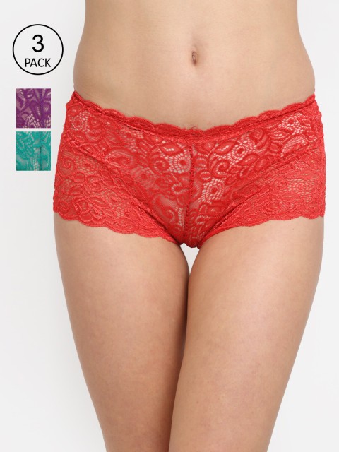 

Friskers Women Pack of 3 Self Design Mid-Rise Lace Boy Shorts, Red
