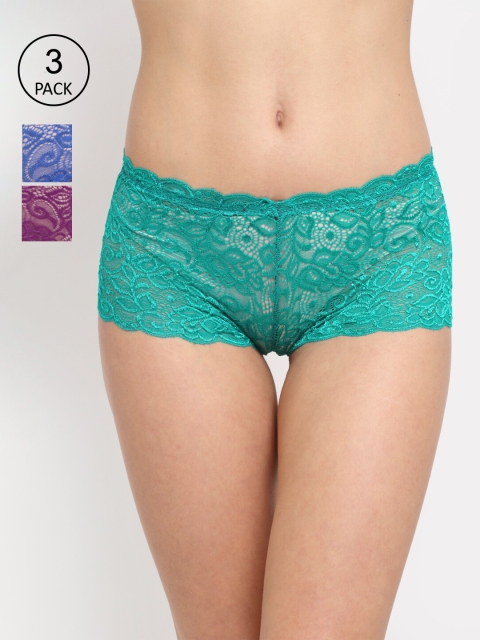 

Friskers Women Set of 3 Self Design Cotton Lace Boy Shorts O-330-05-16-36, Sea green