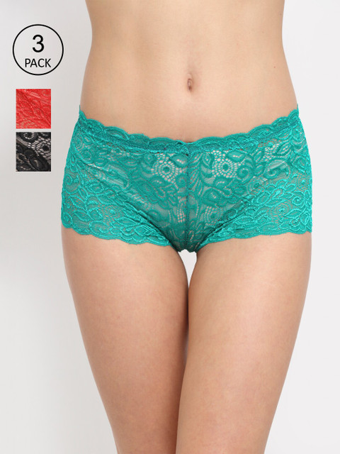 

Friskers Women Set of 3 Self Design Cotton Lace Boy Shorts O-330-01-03-36, Sea green