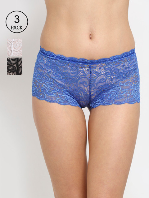 

Friskers Women Set of 3 Self Design Cotton Lace Boy Shorts O-330-01-02-05, Blue