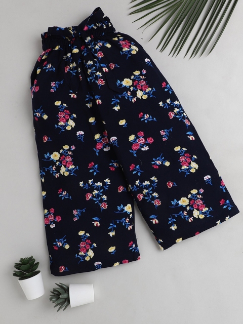 

The Magic Wand Girls Navy Blue & Pink Floral Printed Palazzos