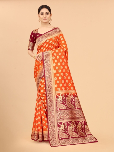 

SATYAM WEAVES Orang & Maroon Woven Design Saree, Orange