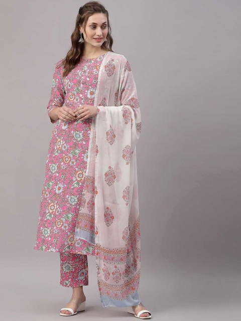 

SANISA Women Pink Floral Printed A-line Kurta with Palazzos & Dupatta