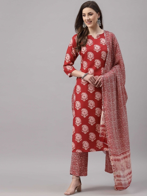 

SANISA Women Red Ethnic Motifs Printed Kurta with Trousers & Dupatta