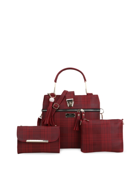 

WOMEN MARKS Red Checked PU Bucket Tote Bag with Tasselled