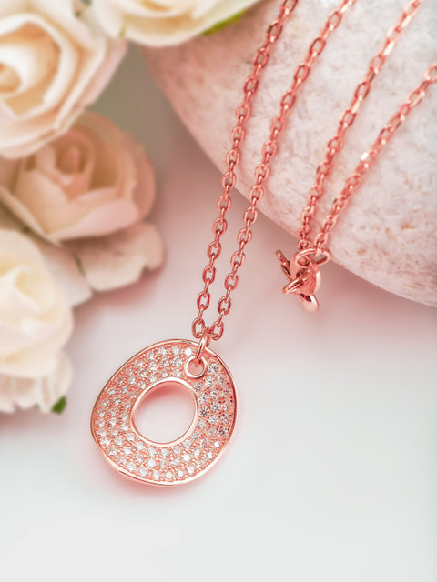 

SILBERRY Rose Gold Plated 925 Sterling Silver CZ Studded Shield Pendant With Chain