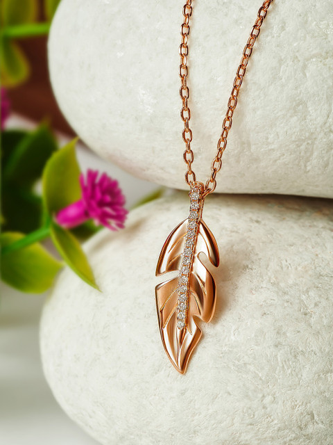 

SILBERRY Rose Gold-Plated & CZ Stone-Studded Leaf Pendant With Chain