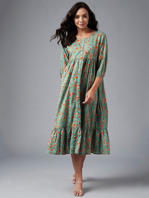

Azira Green Floral Ethnic A-Line Cotton Midi Dress
