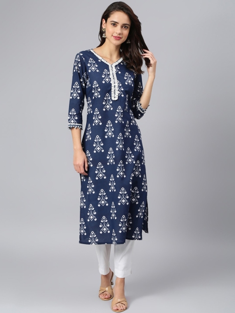 

Azira Women Navy Blue Floral Ikkat Printed Pure Cotton Kurta