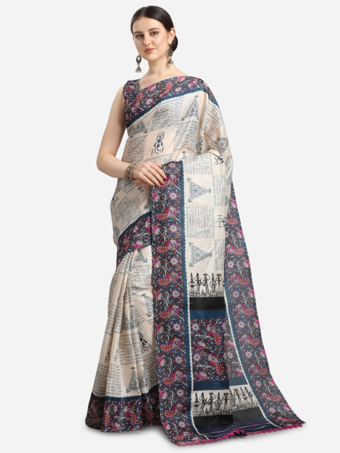 

KALINI Grey & Blue Printed Kalamkari Saree