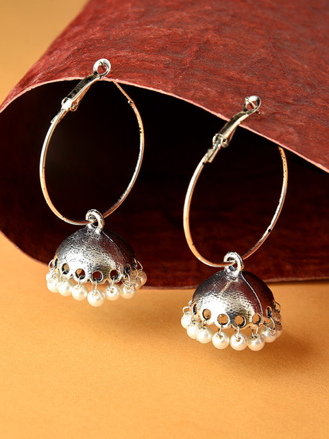

Fida Silver-Plated White Circular Pearls Beaded Jhumkas Earrings