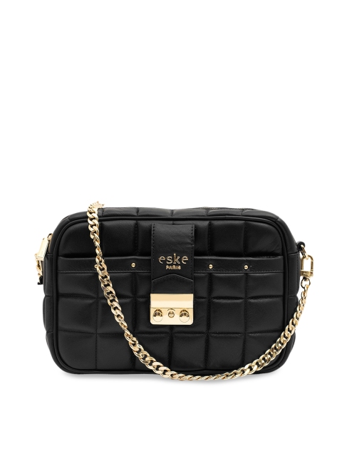

Eske Black Leather Structured Sling Bag with Quilted