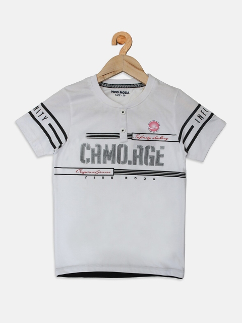 

Nins Moda Boys White Typography Printed Henley Neck Applique T-shirt