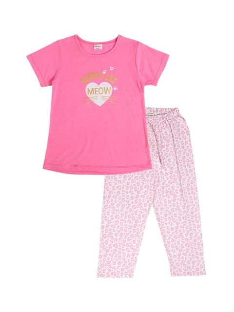 

RAINE AND JAINE Girls Pink & White Printed Pure Cotton Night suit