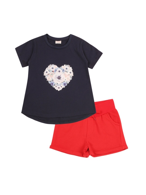 

RAINE AND JAINE Girls Navy Blue & Red Printed Cotton T-shirt with Shorts