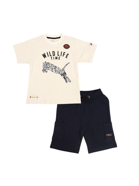 

RAINE AND JAINE Boys Off White Printed Pure Cotton T-shirt with Shorts