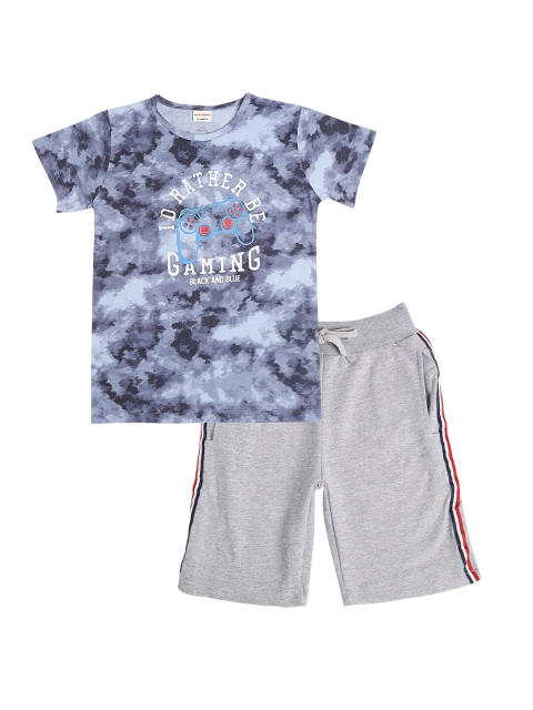 

RAINE AND JAINE Boys Blue & Grey Printed Pure Cotton T-shirt & Shorts Clothing Set