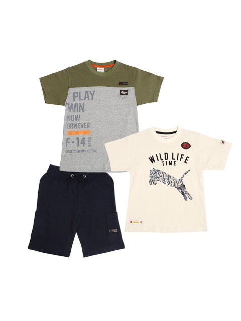 

RAINE AND JAINE Boys Off White & Olive Green Printed Cotton T-shirt with Shorts