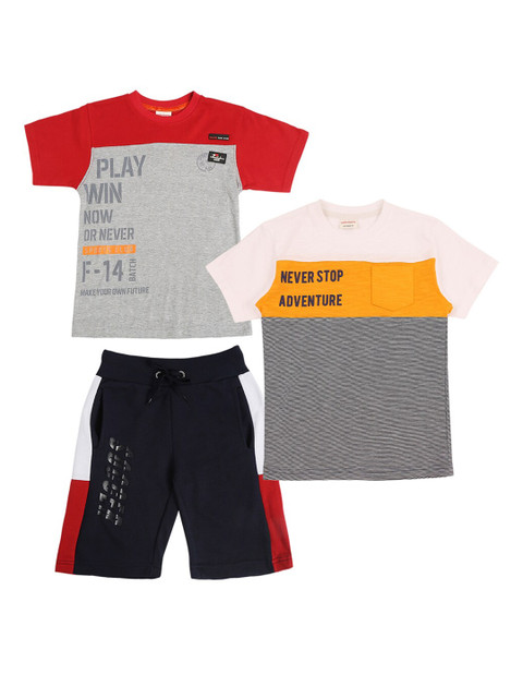 

RAINE AND JAINE Boys White & Navy Blue Colourblocked T-shirt with Shorts