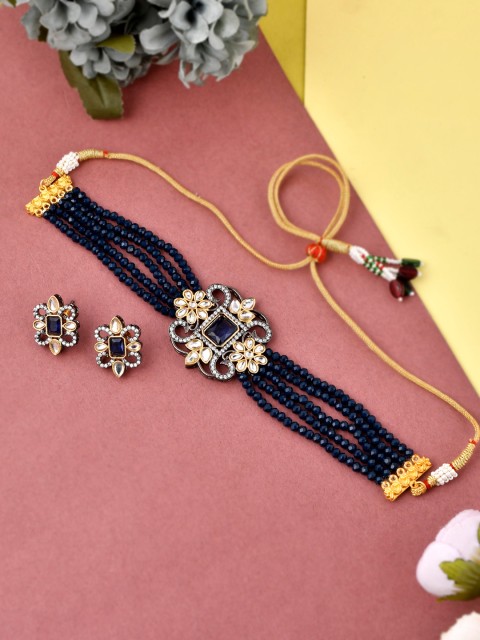 

Silvermerc Gold-Plated Blue AD Stone Studded Handcrafted Choker Jewellery Set
