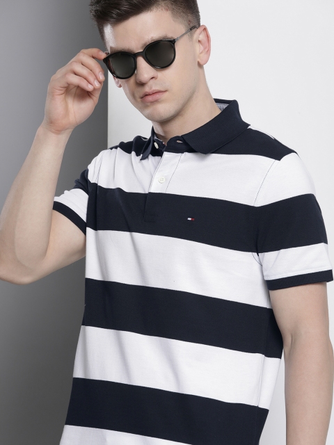 

Tommy Hilfiger Men Navy Blue & White Striped Pure Cotton T-shirt