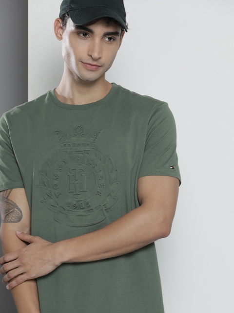 

Tommy Hilfiger Men Green Embossed Printed Brand Logo Pure Cotton T-shirt