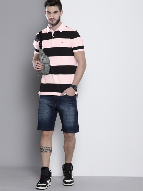 

Tommy Hilfiger Men Pink & Black Striped Polo Collar Casual T-shirt