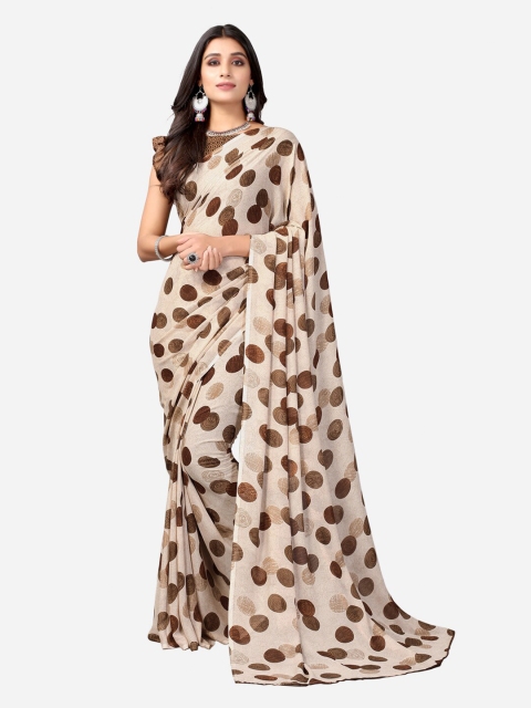 

SIRIL Brown Polka Dots Printed Poly Georgette Saree