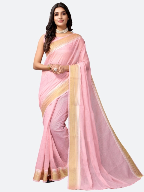 

SIRIL Pink & Gold-Toned Striped Zari Polycotton Saree
