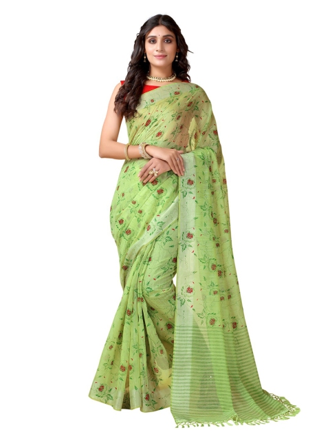 

SIRIL Green & Red Floral Printed Zari Saree