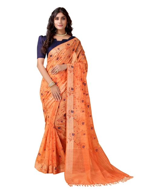 

SIRIL Orange & Blue Floral Printed Polycotton Saree