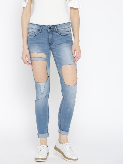 

Pepe Jeans Women Blue Regular Fit Mid-Rise Highly Distressed Stretchable Jeans