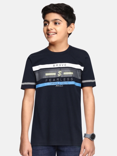 

Monte Carlo Boys Navy Blue & Charcoal Grey Striped Pure Cotton T-shirt