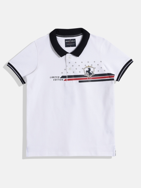 

Monte Carlo Boys White & Navy Blue Typography Printed Polo Collar T-shirt