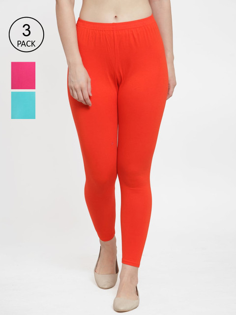 

Jinfo Women Set Of 3 Super Combed Cotton Lycra Ankle-Length Leggings, Red