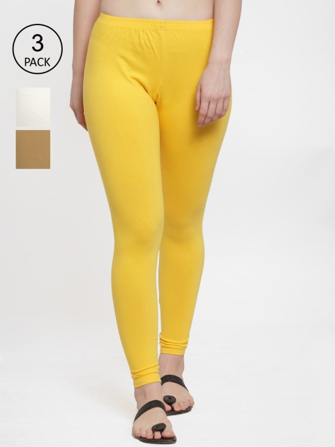 

Jinfo Women Pack Of 3 Solid Cotton Ankle-Length Leggings, Yellow