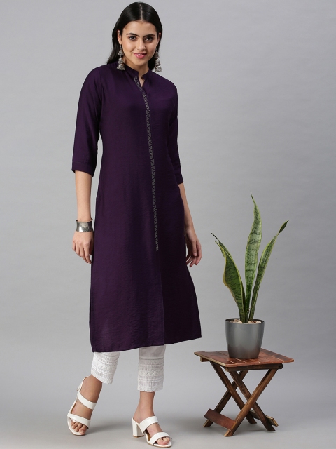 

SHOWOFF Women Purple Crepe Straight Kurta