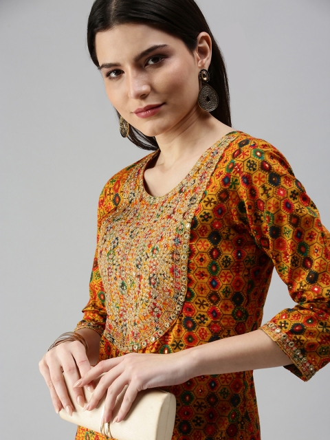 

SHOWOFF Women Mustard Yellow Embroidered Thread Work Kaftan Kurta