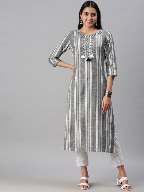 

SHOWOFF Women Grey Striped Thread Work Kurta