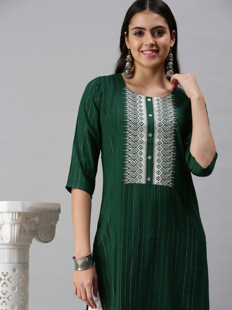 

SHOWOFF Women Green & White Striped Thread Work Cotton Kurta