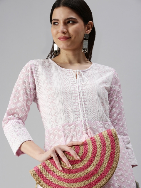 

SHOWOFF Women Lavender & White Ethnic Motifs Printed Thread Work Kurta