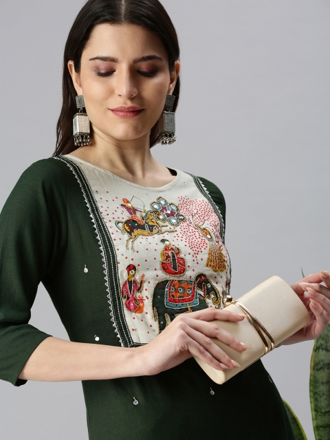 

SHOWOFF Women Green Ethnic Motifs Yoke Design Kurta