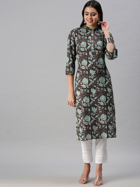 

SHOWOFF Women Charcoal Grey & Blue Ethnic Motifs Printed Cotton Kurta