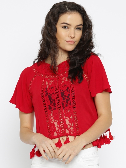 

ONLY Women Red Lace Sheer Crop Top